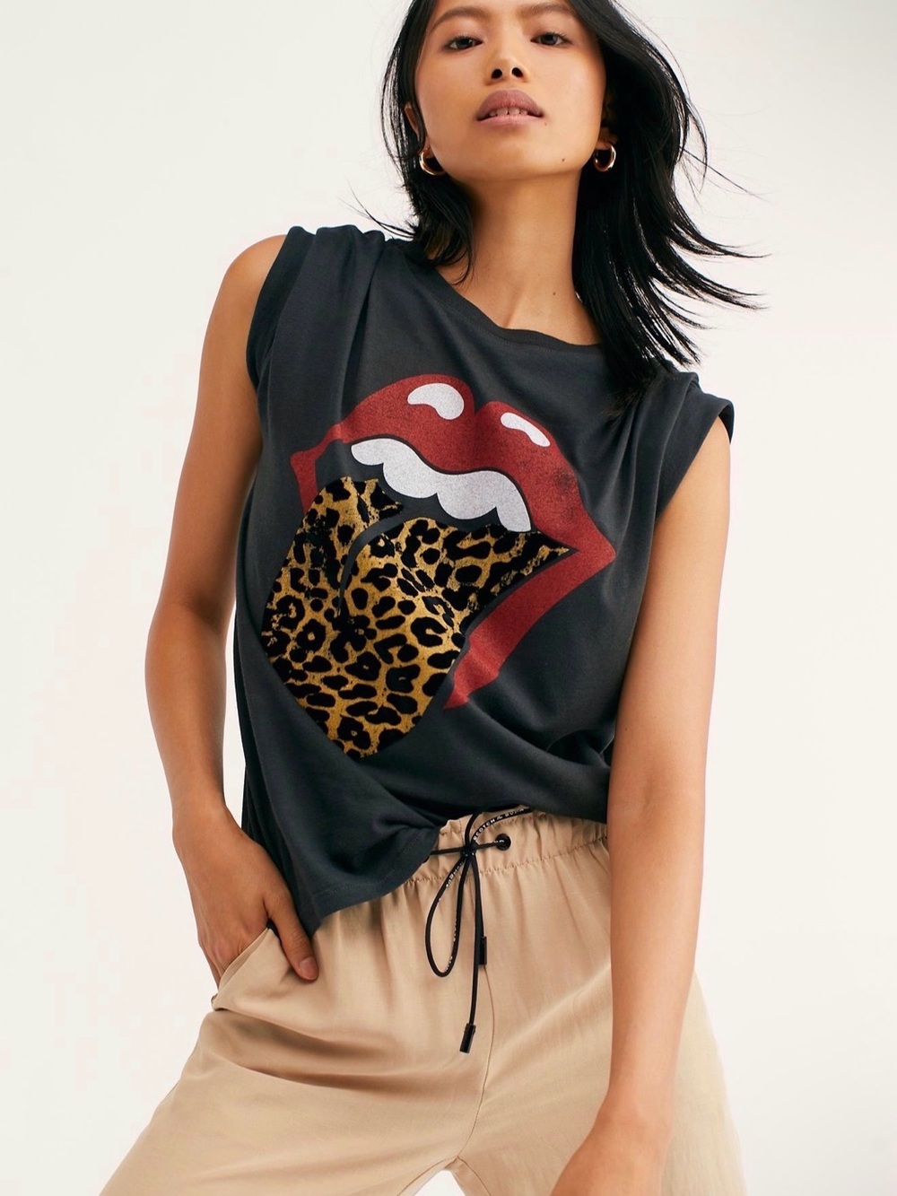 Daydreamer X Free People Rolling Stones Flocked Leopard Tongue Tee Ash L - Picture 4 of 11